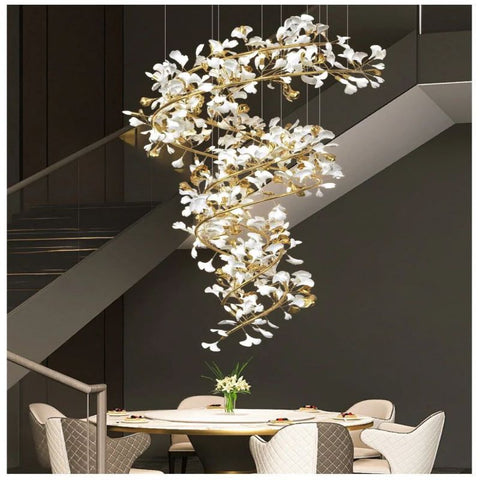 Ceramic Ginkgo Cascading B (Spiral) Branch Chandelier