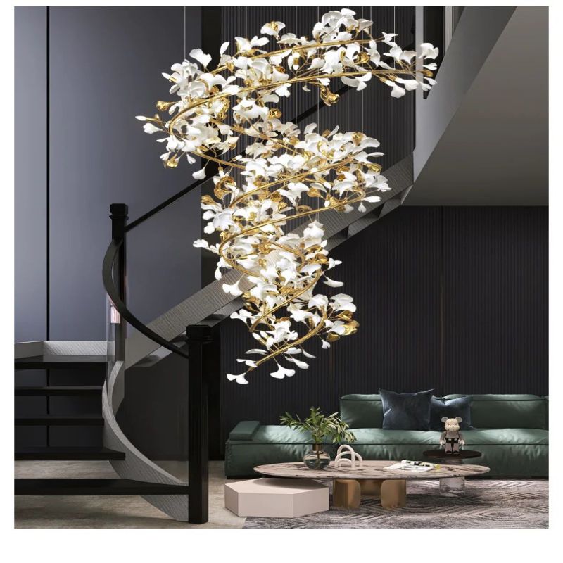 Ceramic Ginkgo Cascading B (Spiral) Branch Chandelier