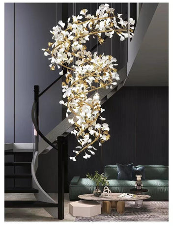 Porcelain Linear Gold Ginkgo Chandelier