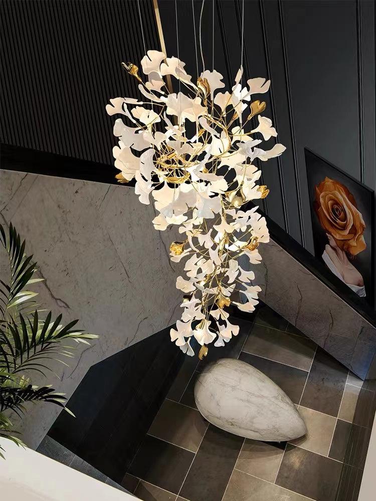 Porcelain Linear Gold Ginkgo Chandelier